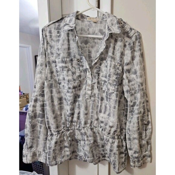 Michael Kors Blouse Henley Neck Ruffle Waist Sz L Grey & White - Picture 1 of 9